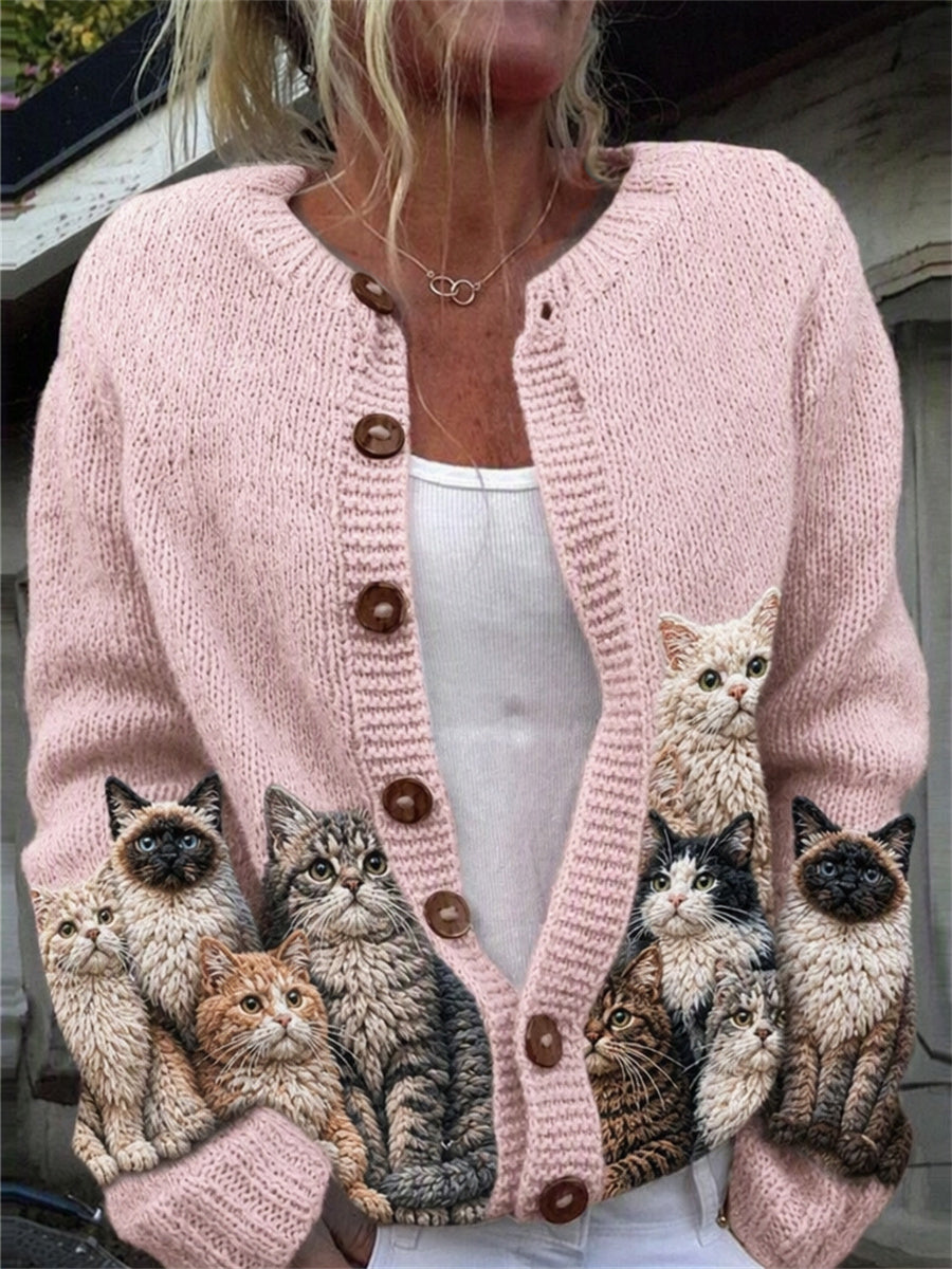 Women's Lovely Crowded Cats Print Cardigan-Style Knit Jacket