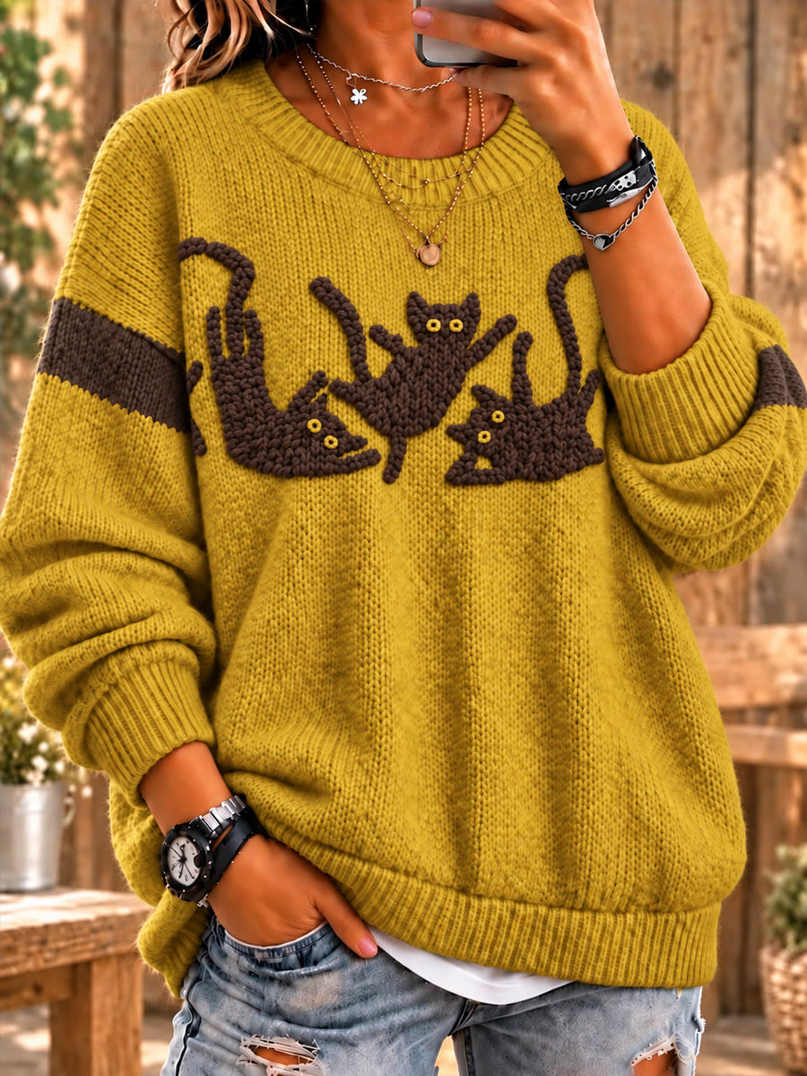 Women's Black Cat Mischief Fuzzy Crewneck Sweater