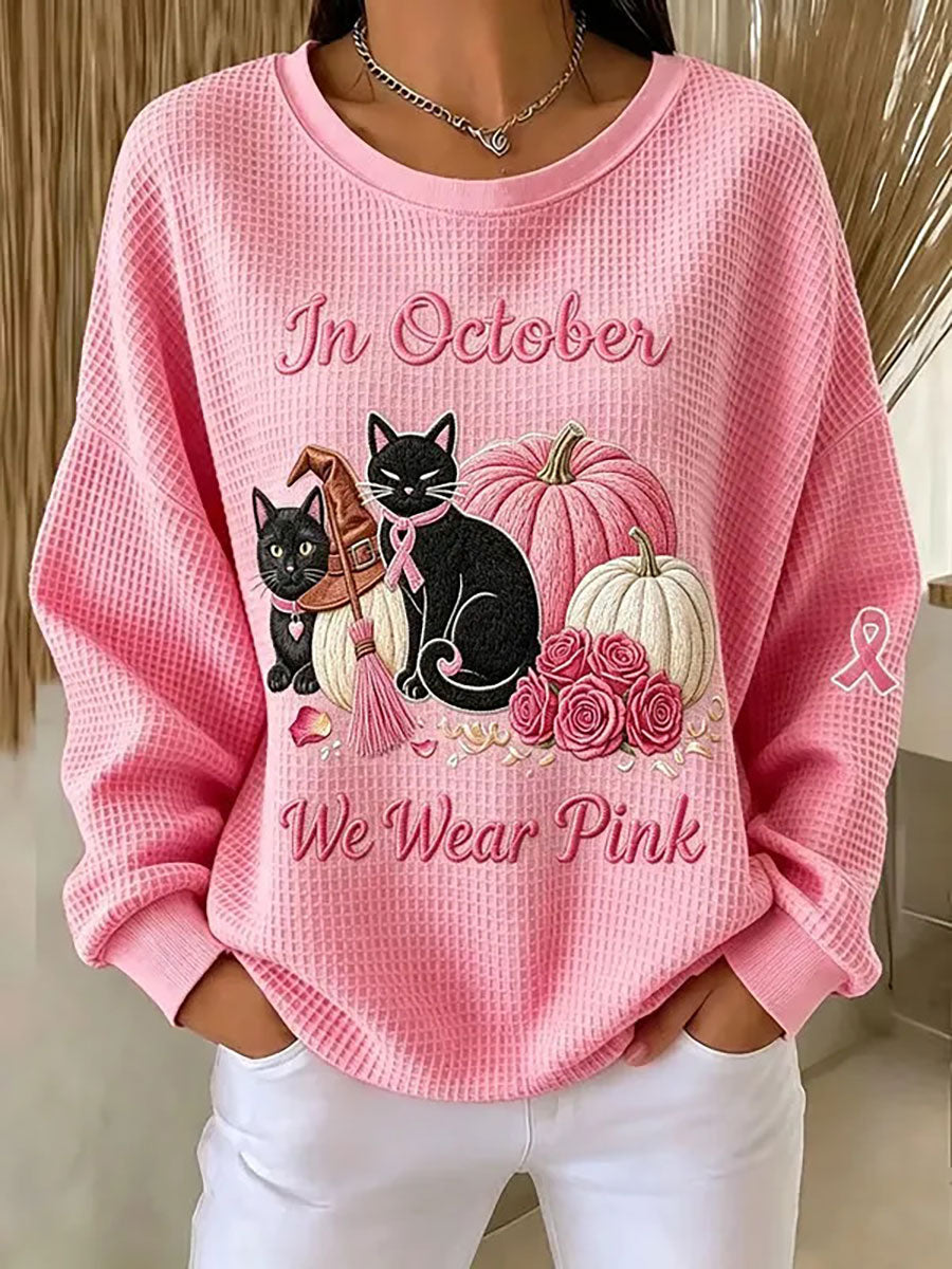 Women's "In October We Wear Pink" Breast Cancer Awareness Halloween Cat Print Waffle Sweatshirt