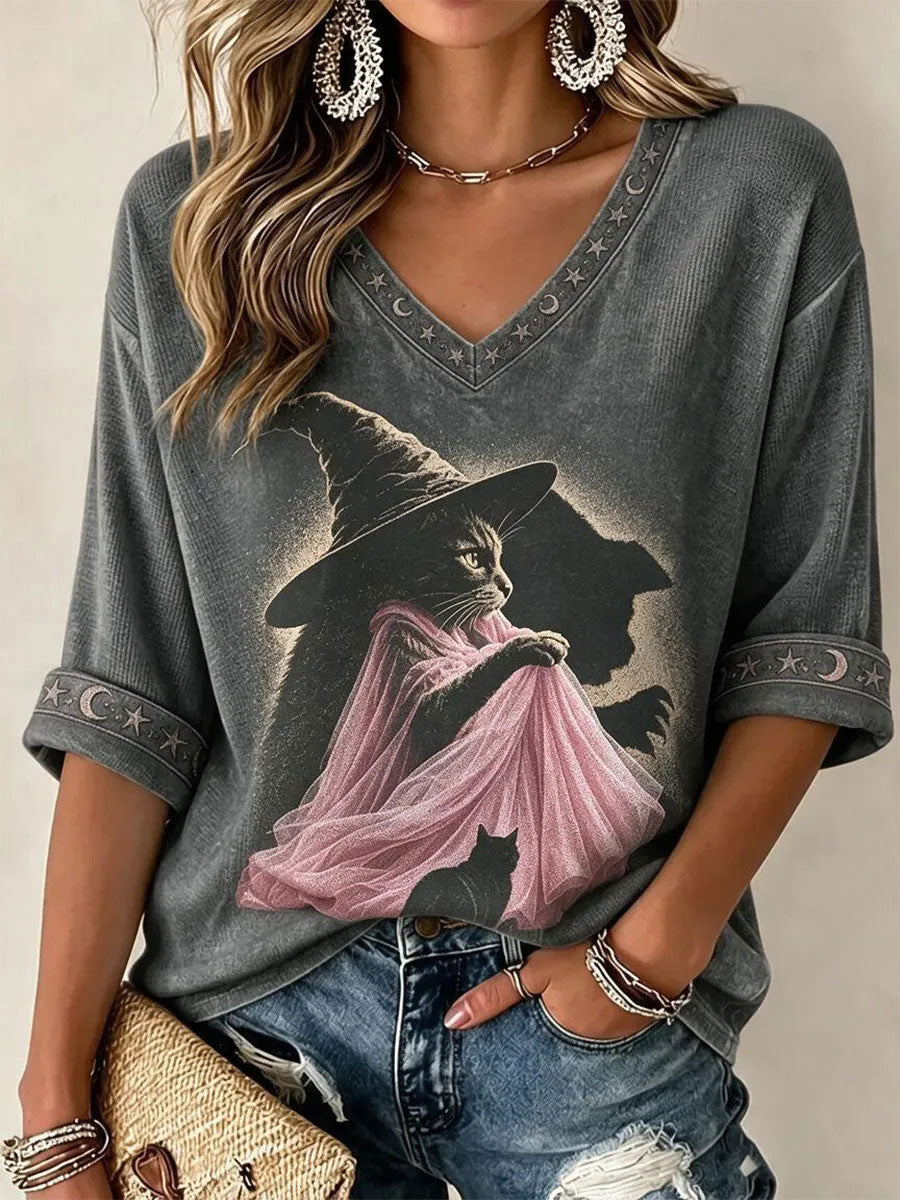 Women's Breast Cancer Awareness Halloween Cat Print T-Shirt