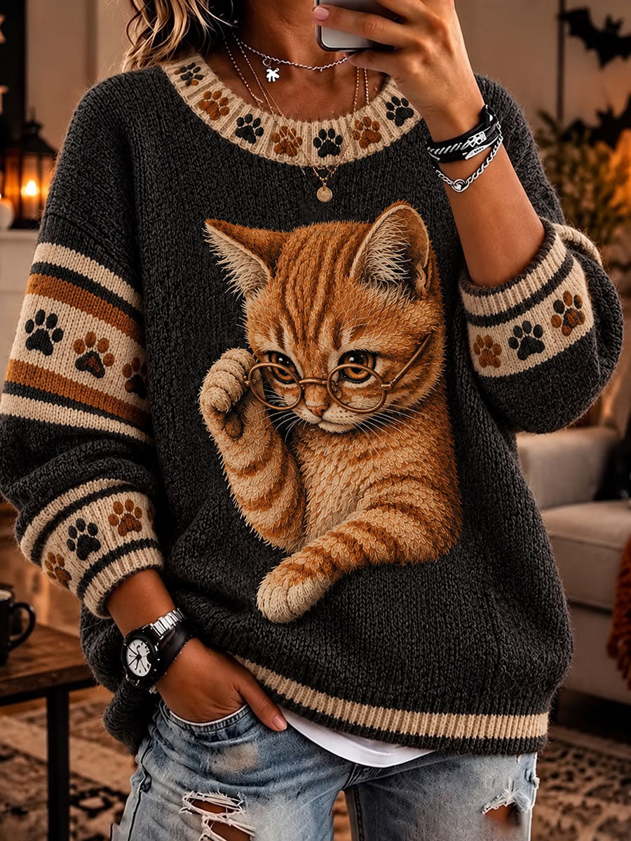 Women's Funny Cute Cat Art Crew Neck Sweater