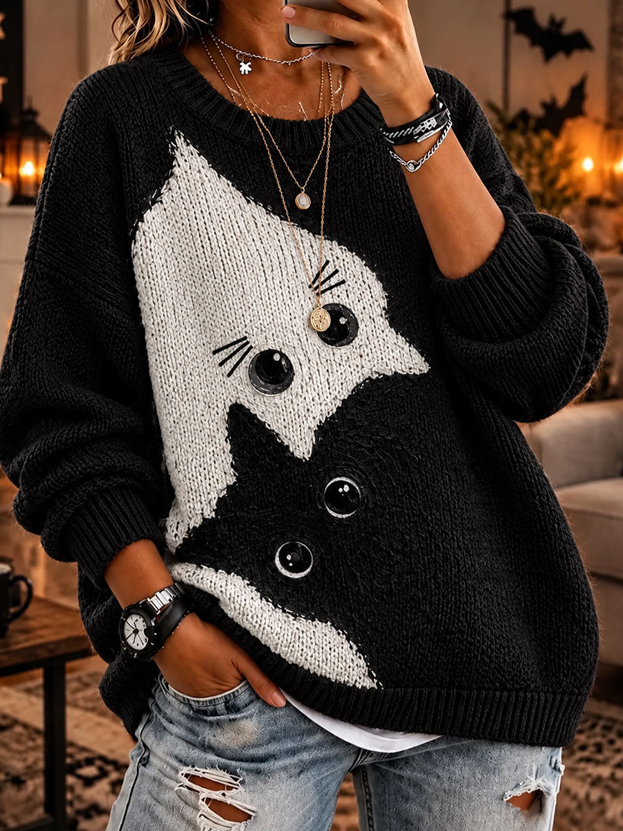 Women's Funny Cute Cat Art Crew Neck Sweater