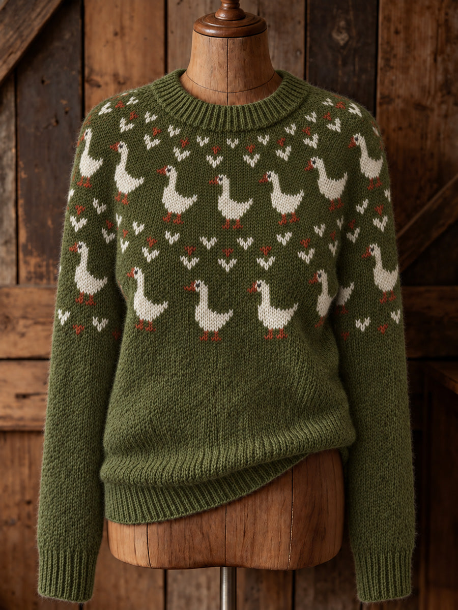 Women's Vintage Farm Ducks Print Cozy Long-sleeved Sweater