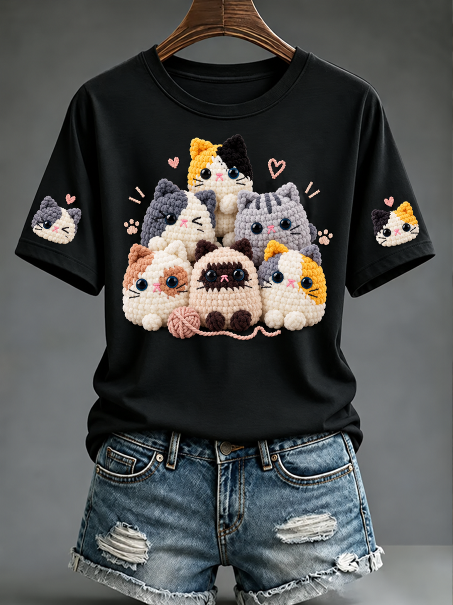 Women's Cute cat print short-sleeved T-shirt