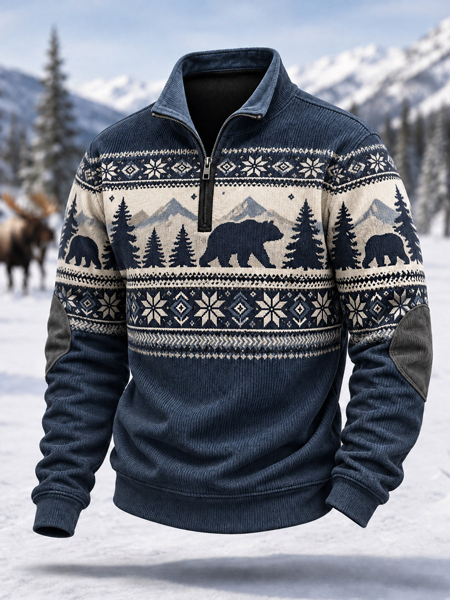 Men's Winter Bear Print Casual Zipper Corduroy Pullover