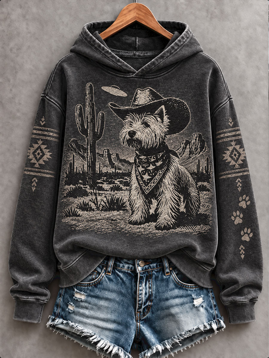 Women's Retro Westren Style Dogs Lover Art Printed Hoodie