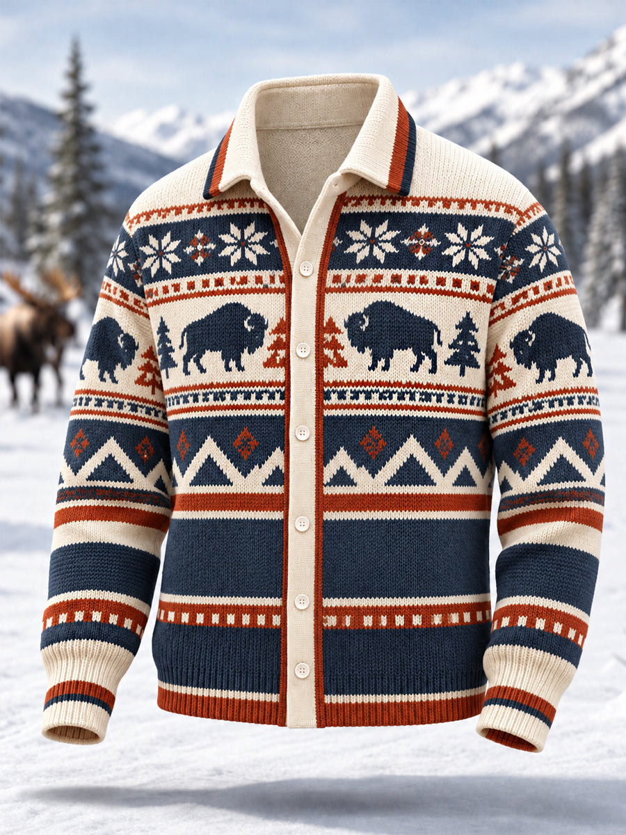 Men's Winter Buffalo Geometric Totem Print Casual Cardigan