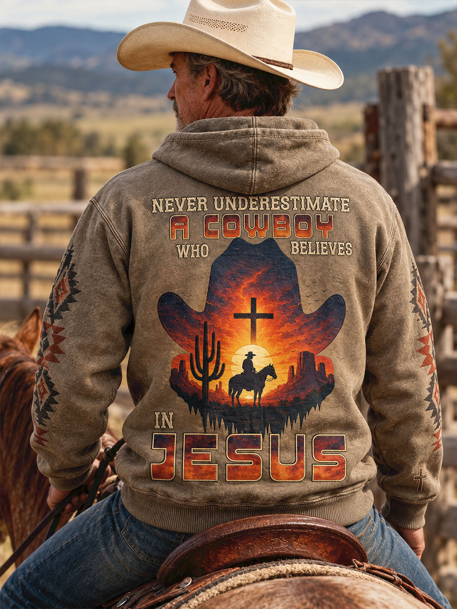 Men's Retro Westren Style Faith Lover Art Printed Hoddie