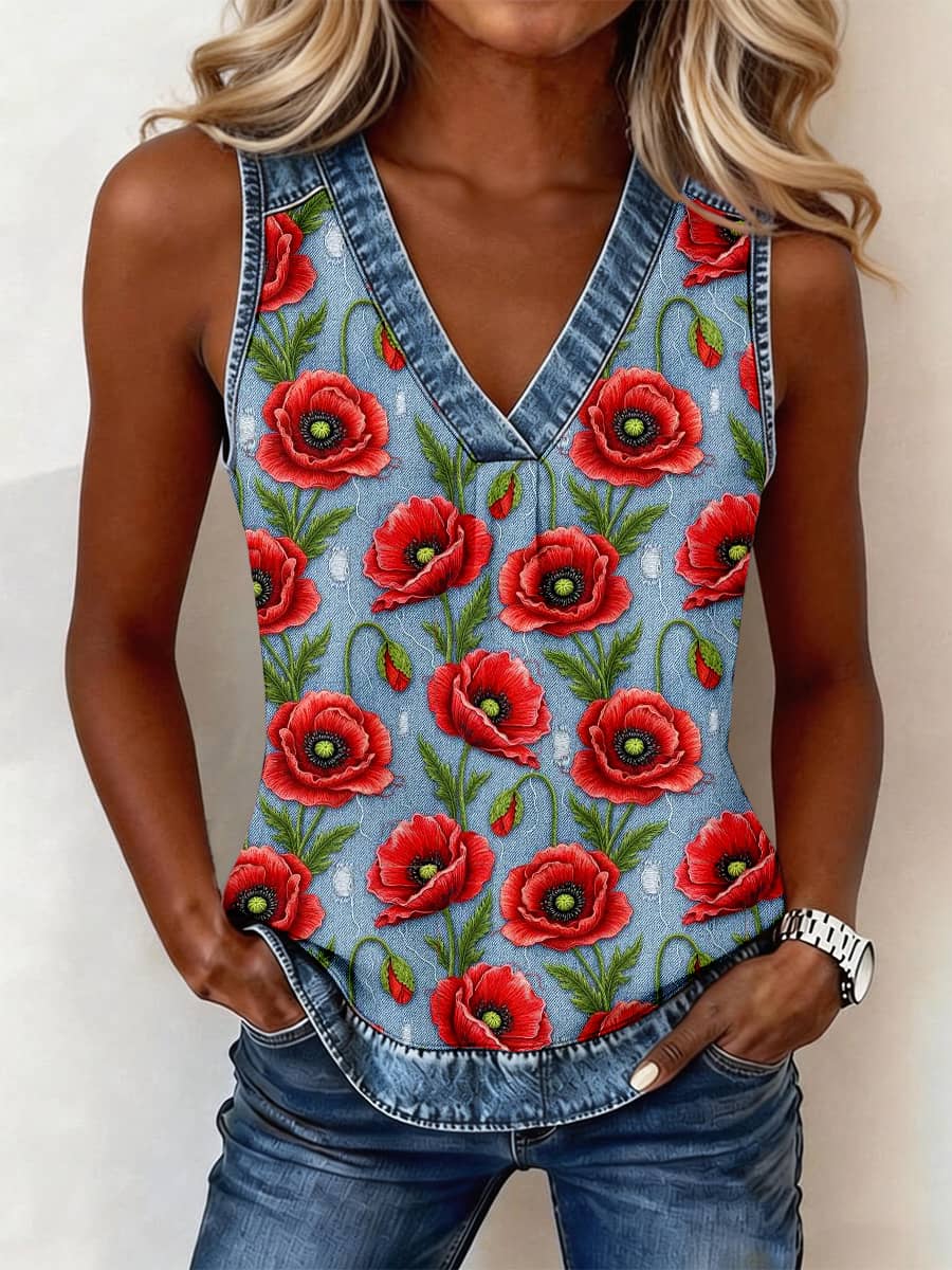 Women's Red Embroidery Pattern Denim Patchwork Top