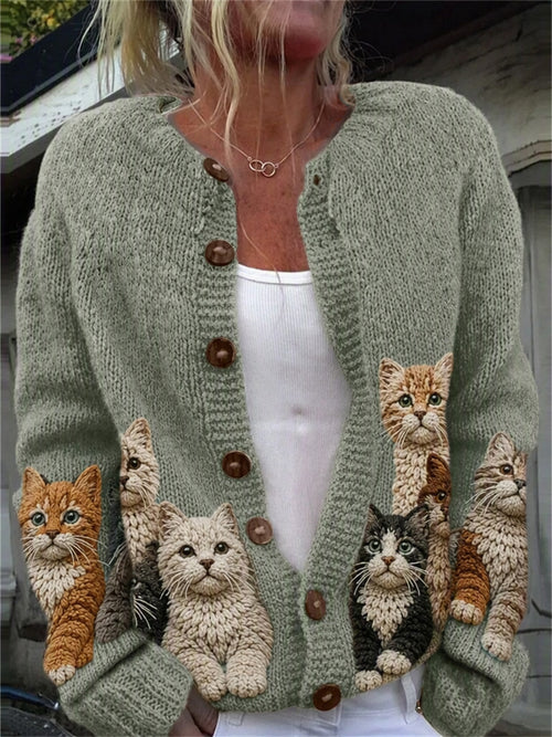 Women's Lovely Crowded Cats Print Cardigan-Style Knit Jacket