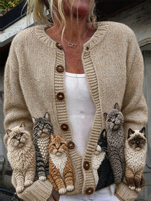 Women's Lovely Crowded Cats Print Cardigan-Style Knit Jacket