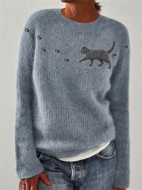 Women's Walking Blue Cat & Paw Prints crew neck sweater