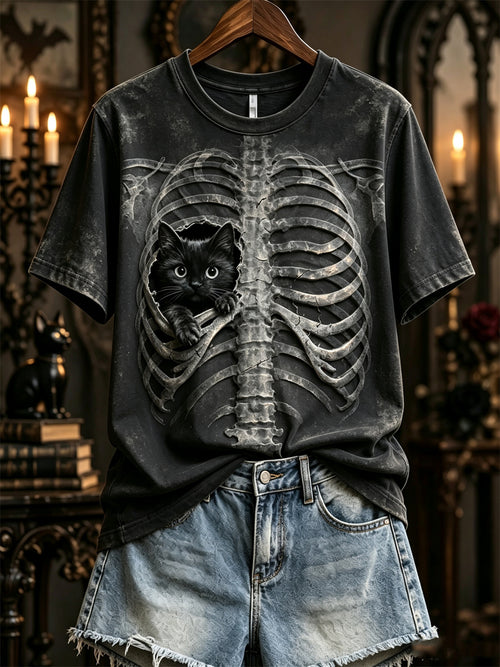 Women's Halloween Peeking Black Cat X-ray Rib Cage Print short-sleeved T-shirt