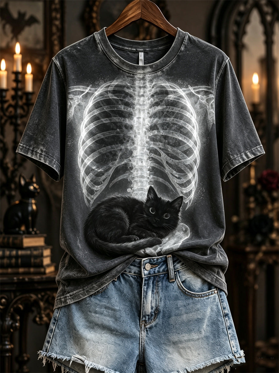 Women's Halloween Black Cat X-ray Rib Cage Print short-sleeved T-shirt