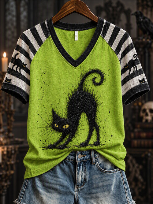 Women's Halloween Black Cat Art Striped Raglan short-sleeved T-shirt