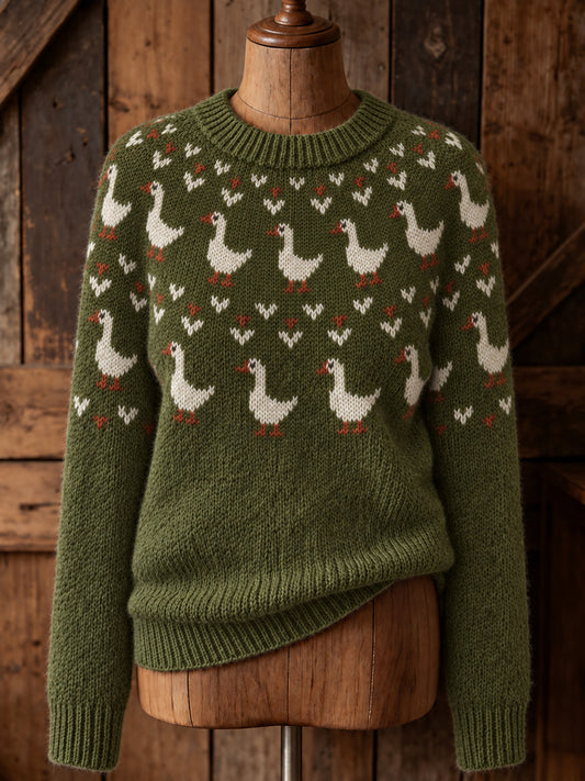 Women's Vintage Farm Ducks Print Cozy Long-sleeved Sweater