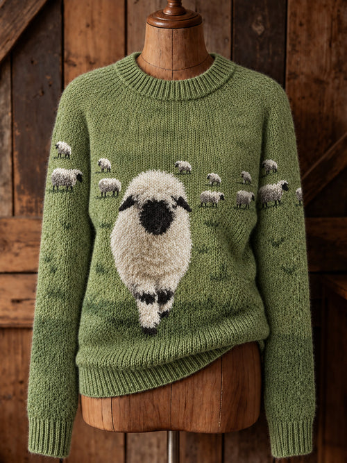 Women's Vintage Farm Blacknose Sheep Print Cozy Long-sleeved Sweater