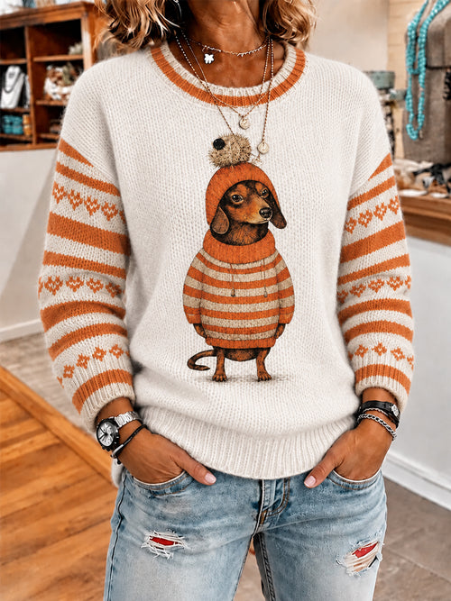 Women's Cute Winter Dachshund Print Casual Sweater
