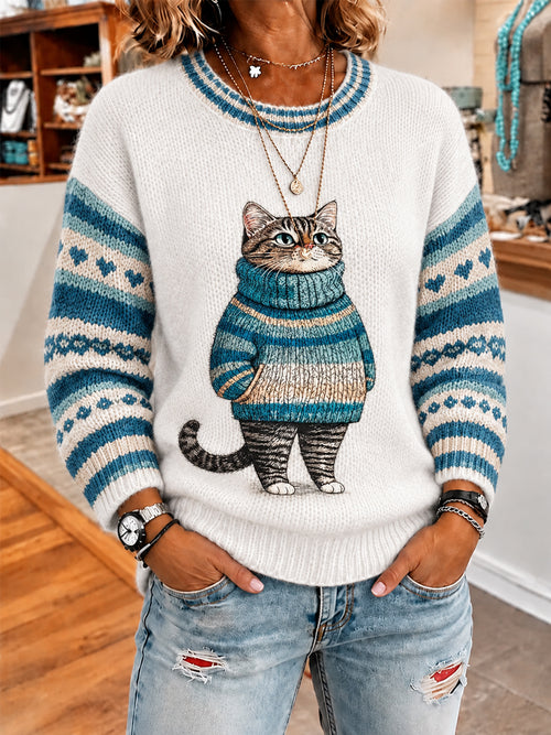 Women's Cute Winter Fat Cat Print Casual Sweater