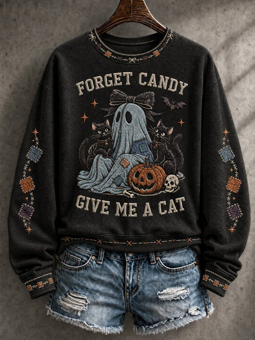 Women's Forget Candy Give Me A Cat Printed Sweatshirt