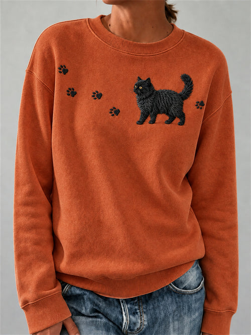 Women's Lovely Fuzzy Black Cat & Paw Prints Print Sweatshirt