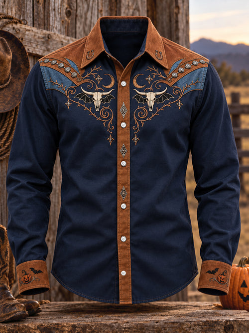 Men's Western Halloween Art Horses Cows Printed Shirt