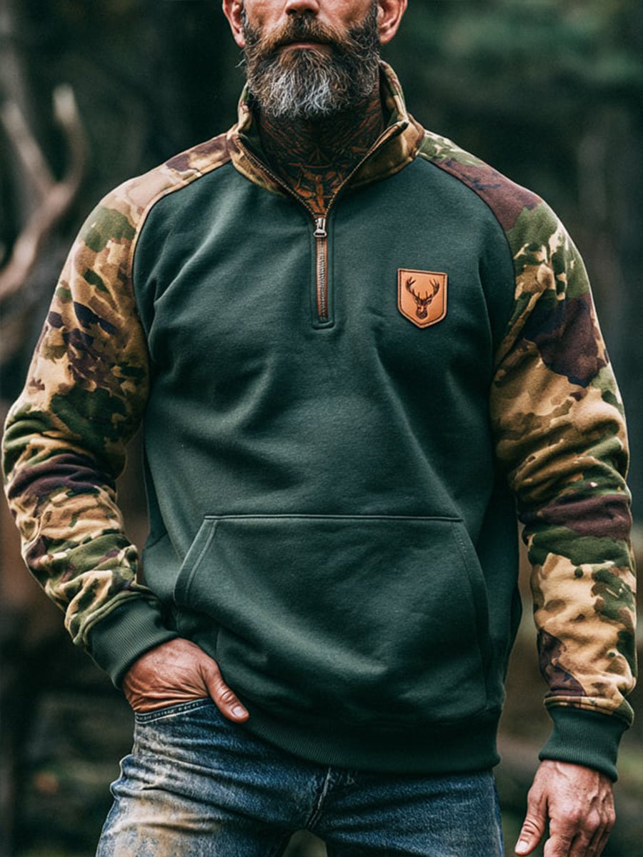Men's Retro Color-Block Outdoor Zip-Up Hoodie
