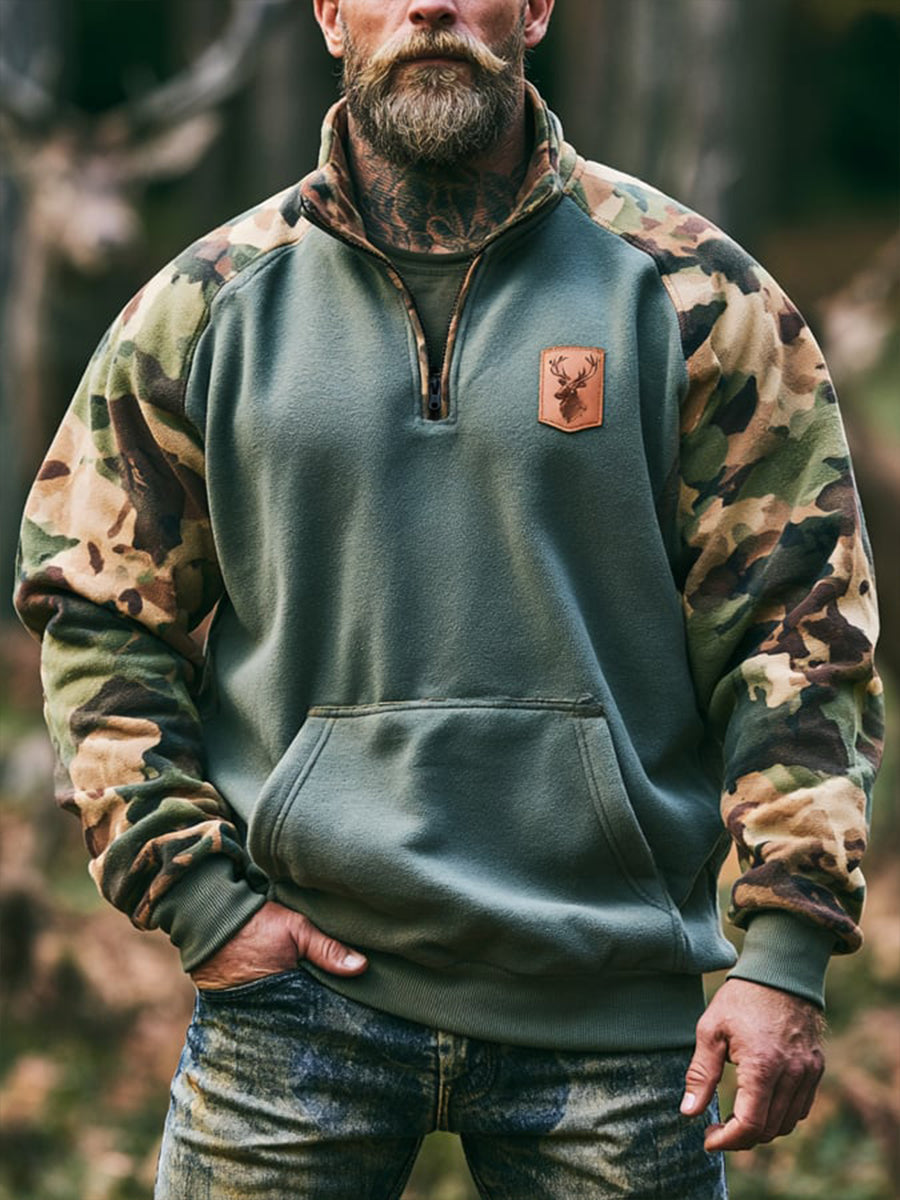 Men's Retro Color-Block Outdoor Zip-Up Hoodie