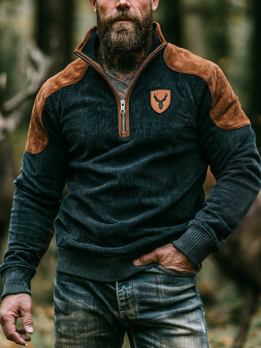 Men's Retro Color Block Print Zip-Up Corduroy Sweatshirt