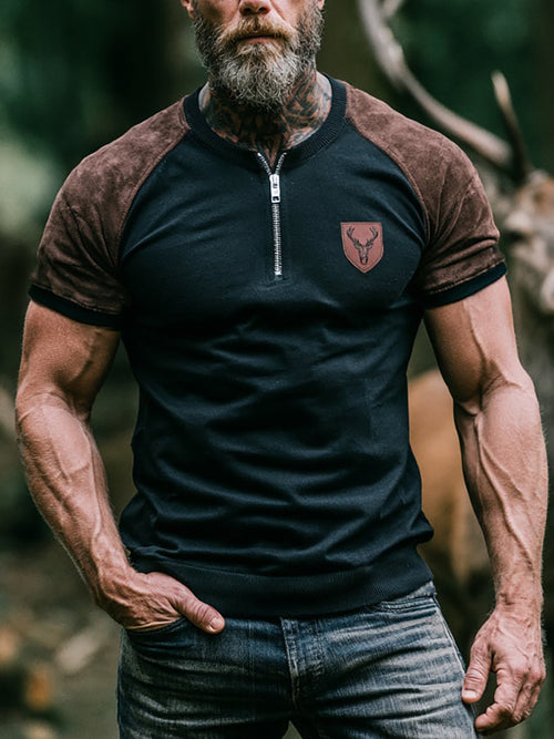 Men's Retro Color-Block Print Half-Zip Crew Neck Short-Sleeve T-Shirt