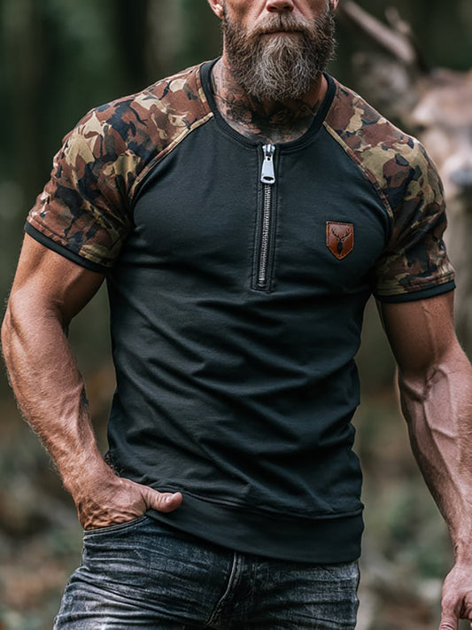 Men's Retro Color-Block Camo Print Half-Zip Crew Neck Short-Sleeve T-Shirt