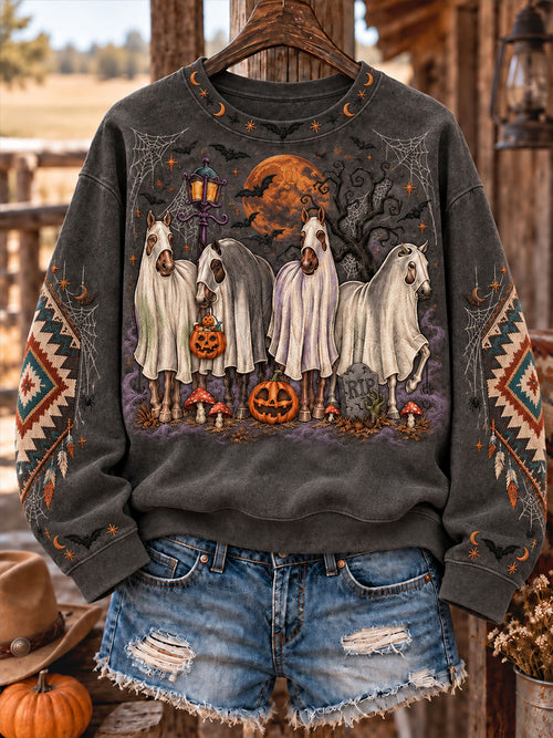 Women's Western Halloween Horses Art Printed Sweatshirt