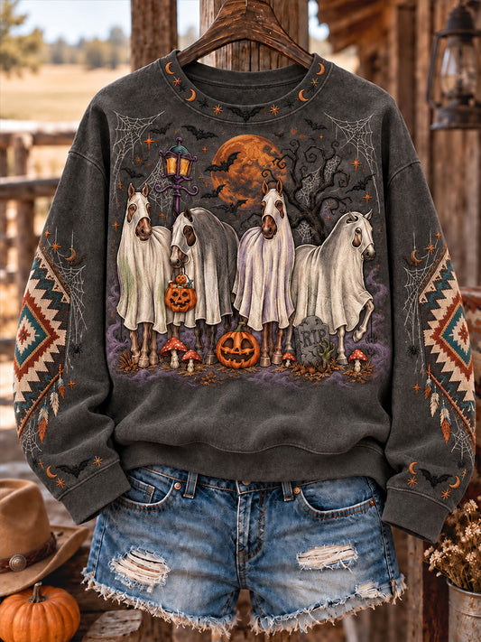 Women's Western Halloween Horses Art Printed Sweatshirt