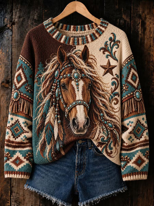 Women'sWestern Horse Print Crew Neck Sweater