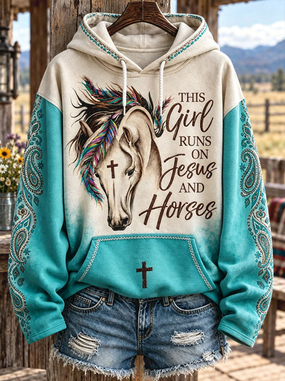Women's Western Style Horses Faith Lover Art Printed Hoodie