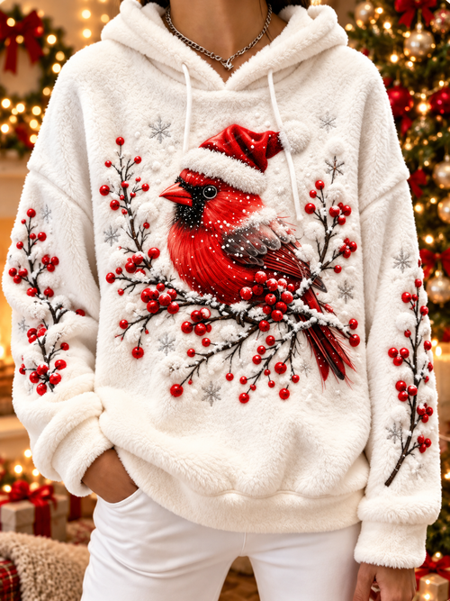 Women's vintage christmas Northern Cardinal Flannel Hoodie