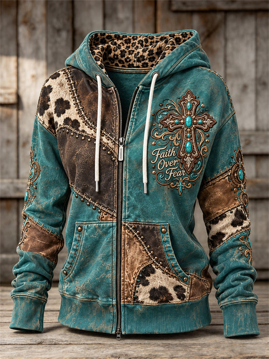 Women's Faith Over Fear Western Turquoise Cross Patchwork Print Full Zip Hoodie