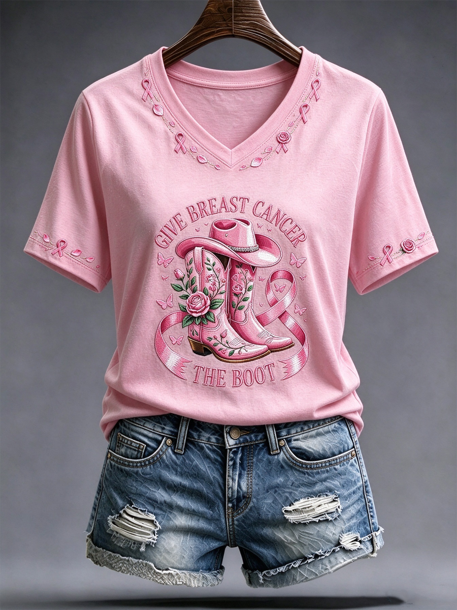 Women's Western-style breast cancer Printed short-sleeved T-shirt