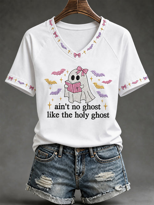 Women's Ain't No Ghost Like The Holy Ghost Christian Halloween Print Casual V-Neck Tee