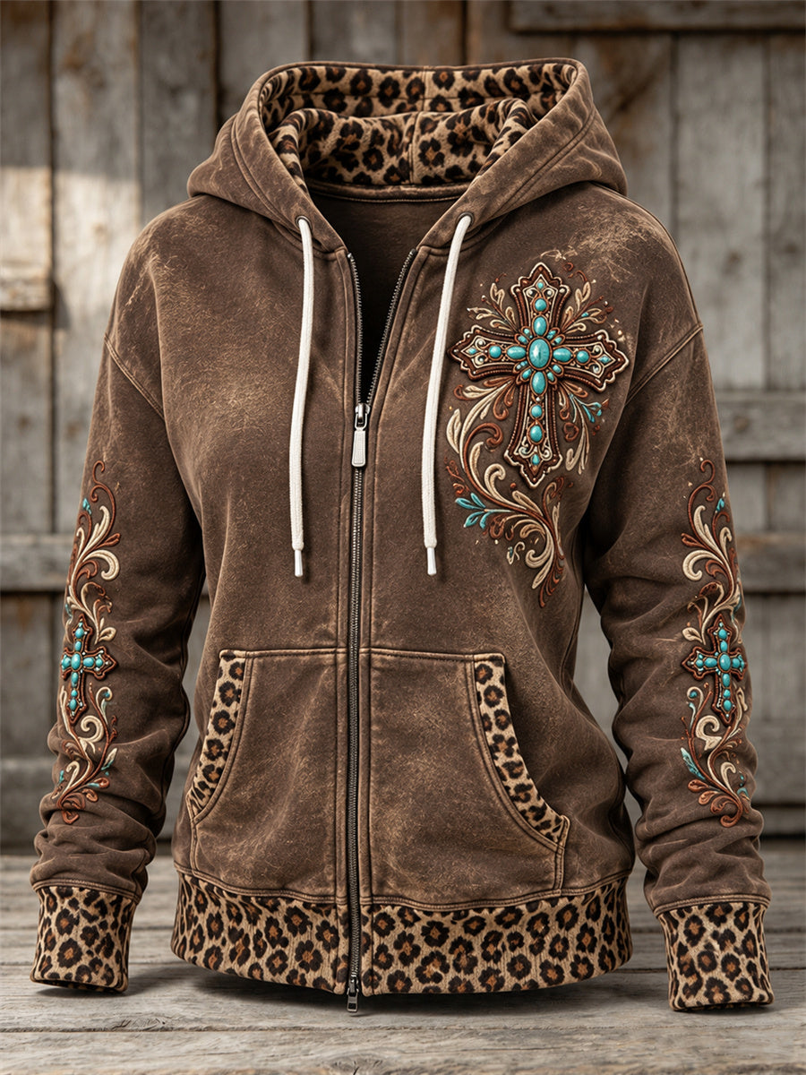 Women's Vintage Western Turquoise Cross Art Leopard Print Full Zip Hoodie