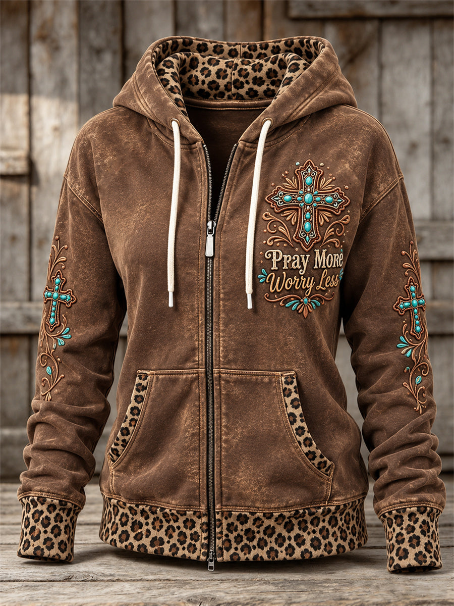 Women's Vintage Western Pray More Worry Less Turquoise Cross Leopard Print Full Zip Hoodie