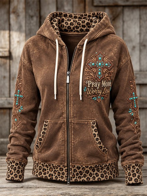 Women's Vintage Western Pray More Worry Less Turquoise Cross Leopard Print Full Zip Hoodie