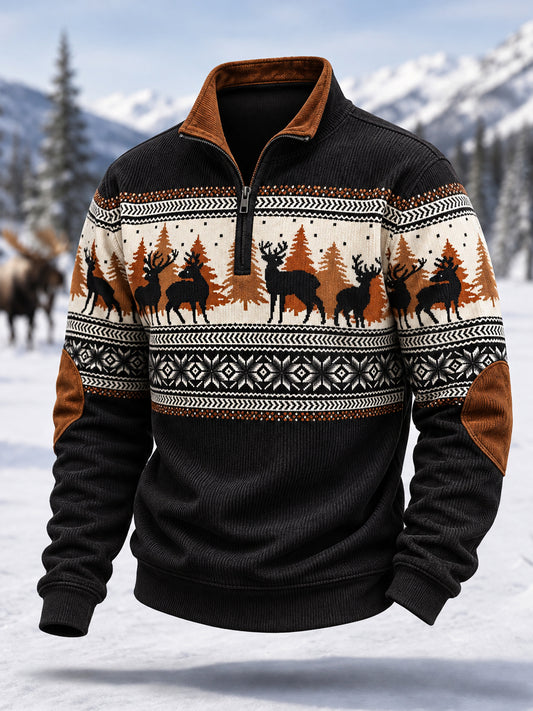Men's Winter Deer Print Casual Zipper Corduroy Pullover