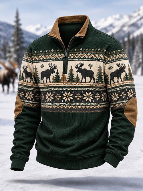Men's Winter Moose Print Casual Zipper Corduroy Pullover