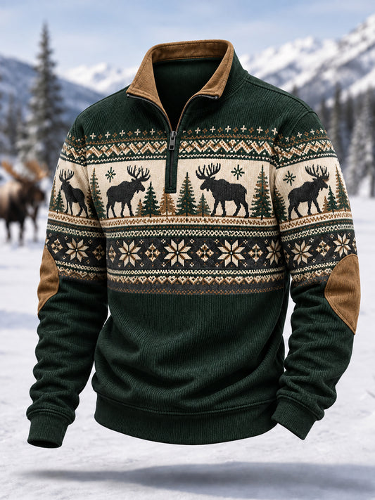 Men's Winter Moose Print Casual Zipper Corduroy Pullover