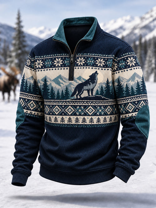 Men's Winter Wolf Print Casual Zipper Corduroy Pullover