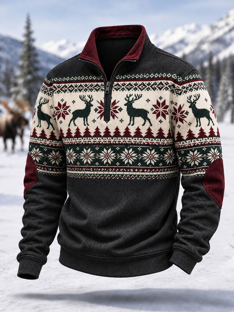 Men's Winter Deer Print Casual Zipper Corduroy Pullover