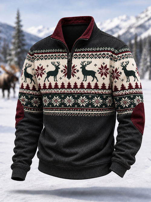 Men's Winter Deer Print Casual Zipper Corduroy Pullover