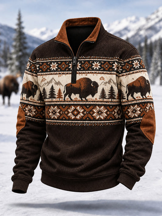 Men's Winter Buffalo Print Casual Zipper Corduroy Pullover