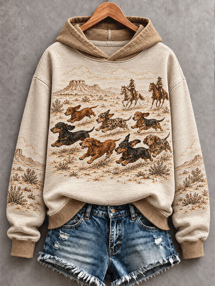 Women's Retro Westren Style Dogs Lover Art Printed Hoodie